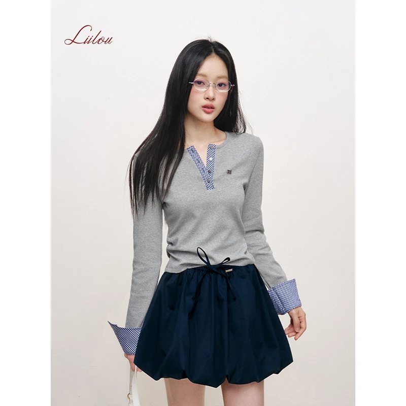 Liilou 25ss 知识缪斯 舒适人棉 拼接格纹收腰长袖打底