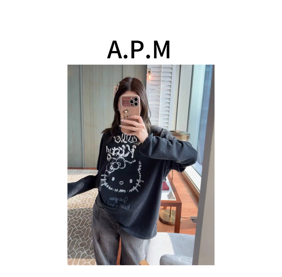 高美美-【哈喽猫咪】韩版鸡蛋家春季新款休闲时尚百搭假两件T恤-M