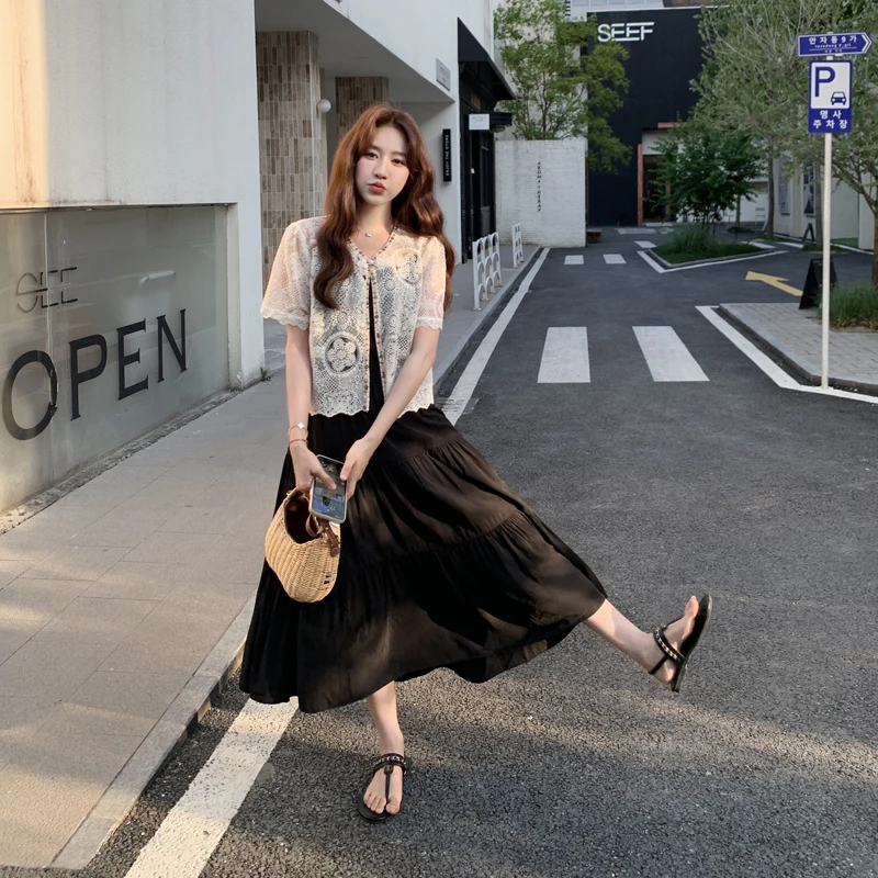 小香风蕾丝罩衫黑色吊带裙套装2025新款女初夏名媛风高级感两件套