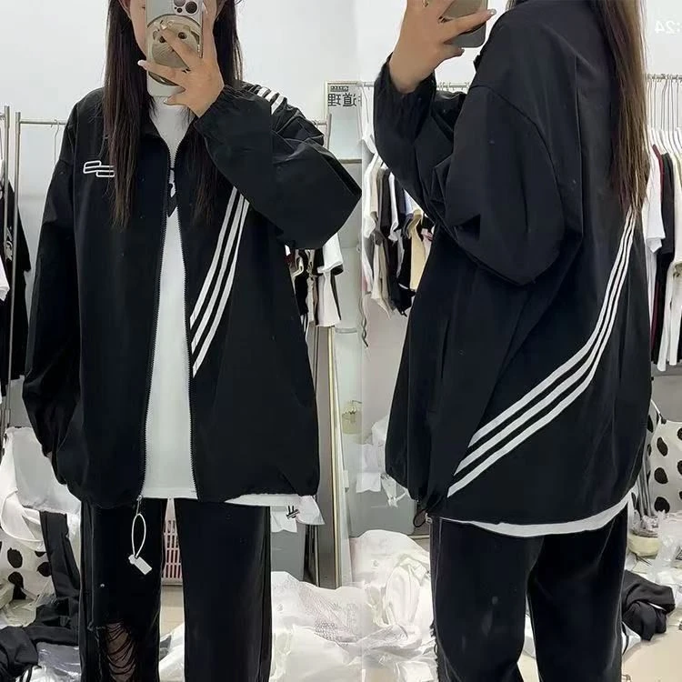 夏季新款美式条纹三条杠外套立领韩版法式情侣港风完美国际联名