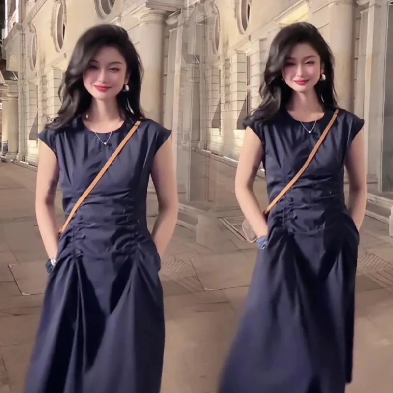 2025法式优雅时尚抽褶连衣裙夏季新款简约气质收腰带显瘦裙子女