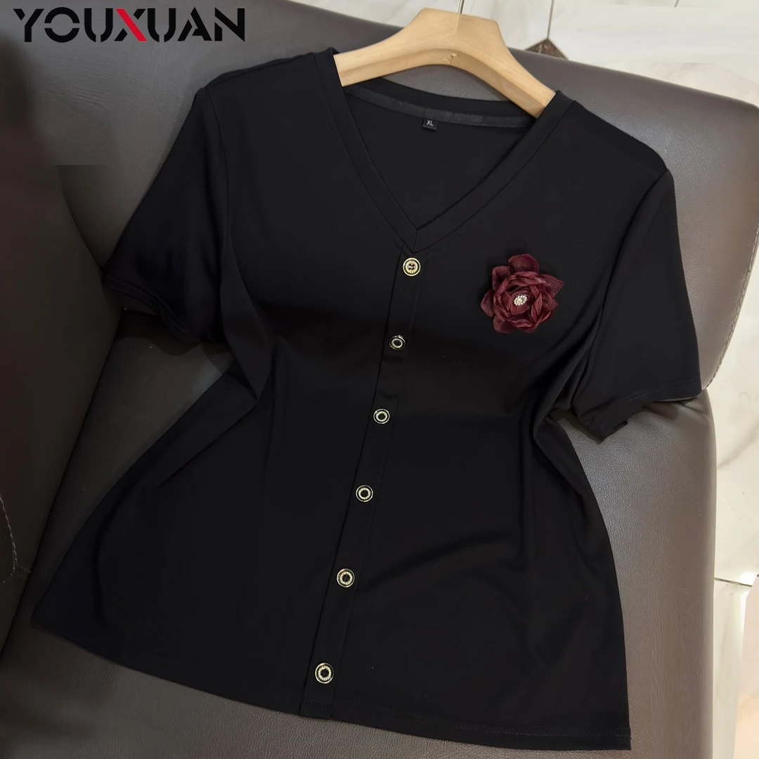 夏季新品女士短袖休闲T恤上衣女装时尚V领百搭气质小衫78422