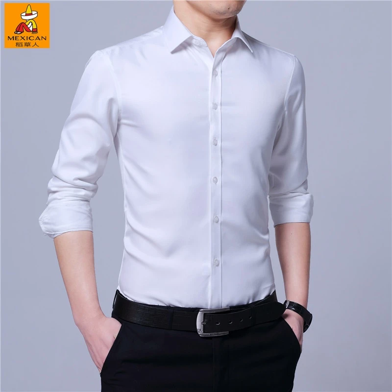 Mexican/稻草人男士大肚腩男士衬衫正装纯色中青年修身白衬衫长袖