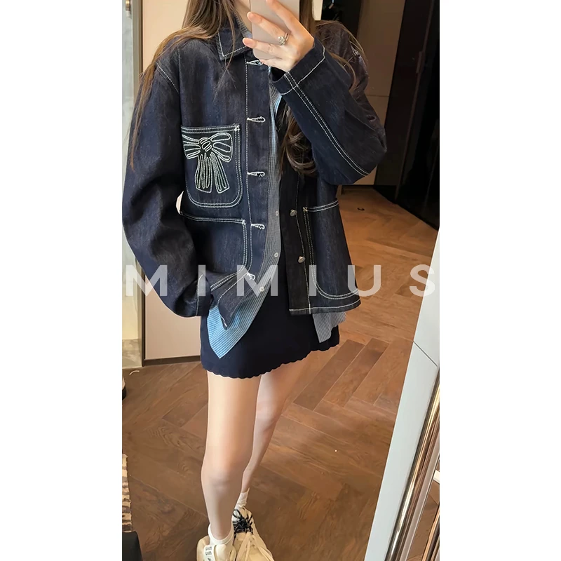 【mimius】喵喵 轻奢重工蝴蝶结刺绣明线翻领牛仔外套 G08067