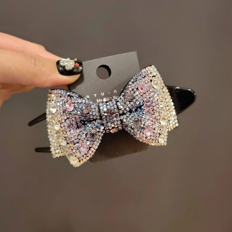 韩版施家水晶满钻双层蝴蝶结大鸭夹2024新款时尚懒人夹盘发夹女