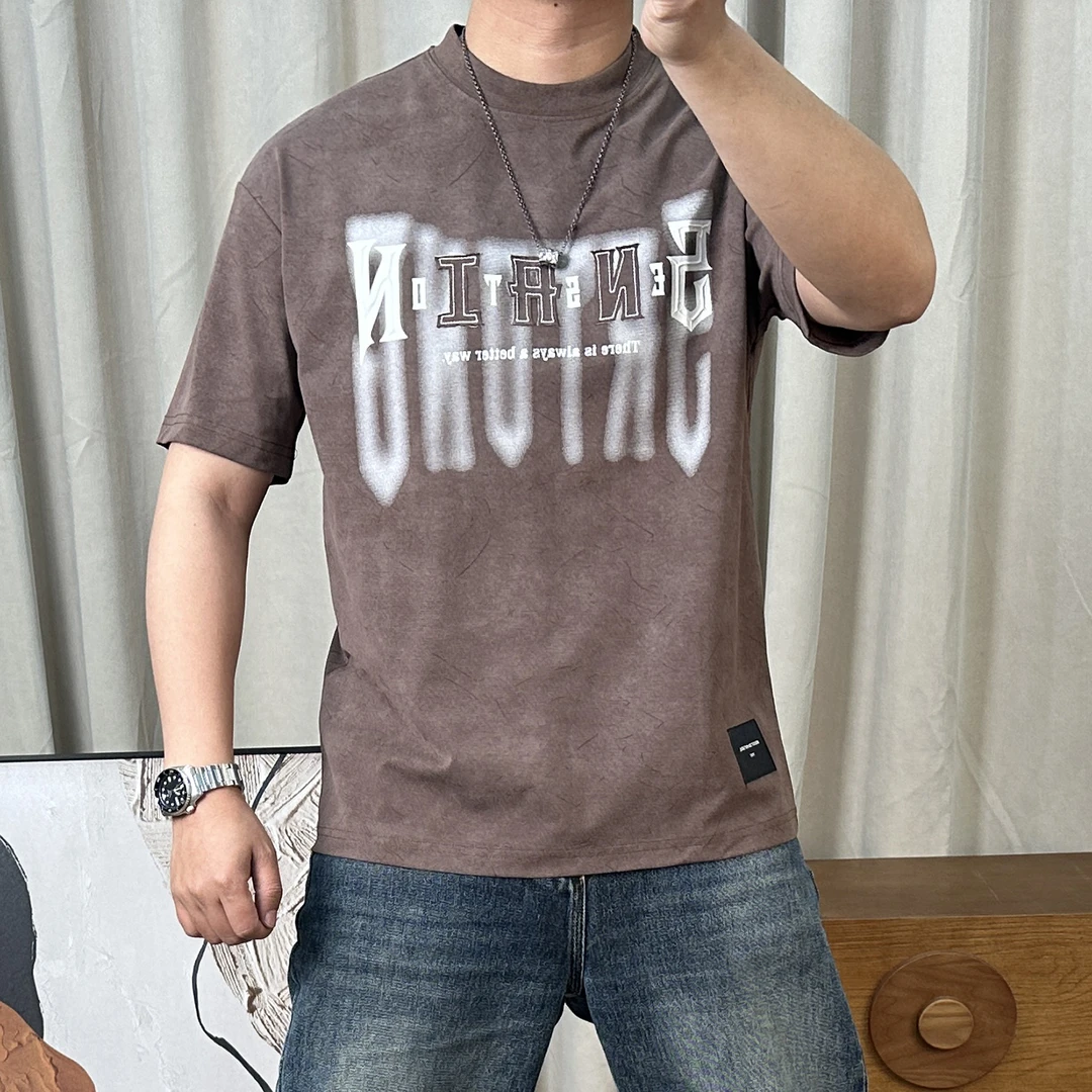 男士短袖t恤男夏季新款美式休闲宽松圆领半袖时尚潮流印花体恤衫