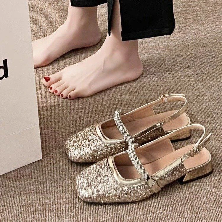 新款仙女鞋女2024春季亮片粗跟透气单鞋法式优雅配裙子时尚百搭