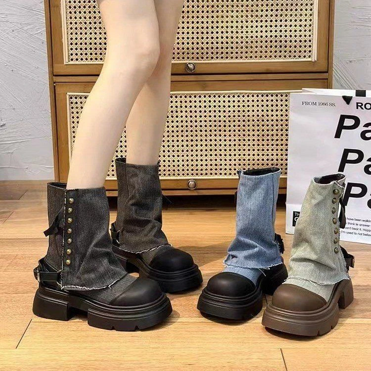 厚底马丁靴女2025新款秋季复古牛仔布裤管靴