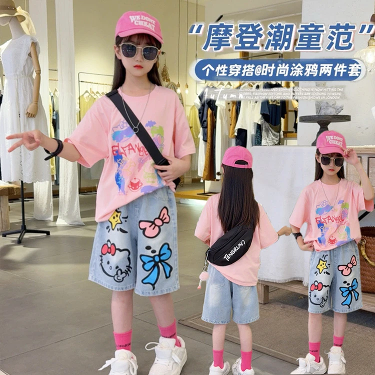 女童夏季网红可爱短袖T恤卡通2025新款儿童休闲宽松半袖短裤套装