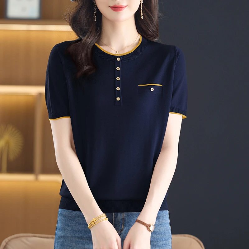 天丝针织衫女品牌莱赛尔短袖t恤女2025新款中年妈妈洋气夏装上衣