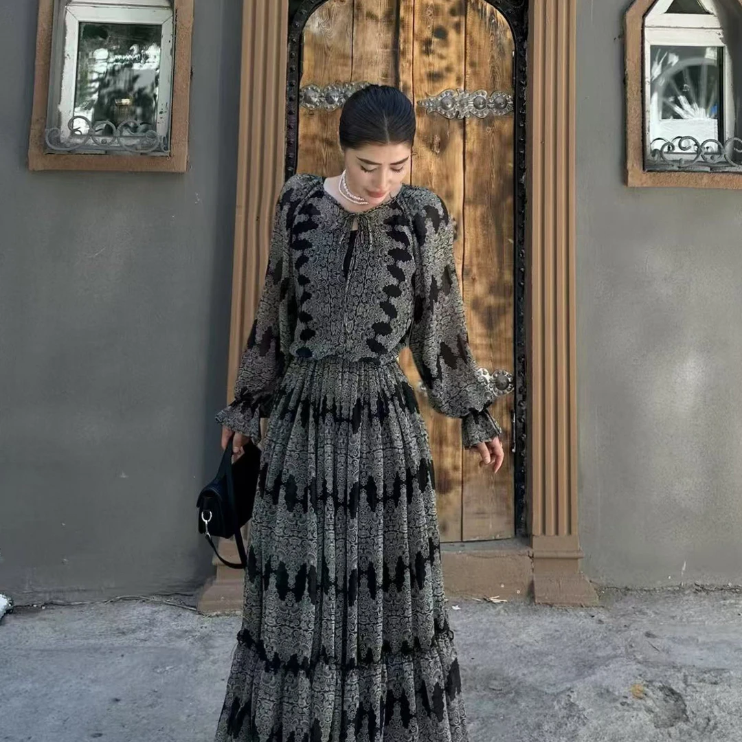 清货 l 法式印花系列复古时尚V领灯笼袖上衣大摆长款连衣裙