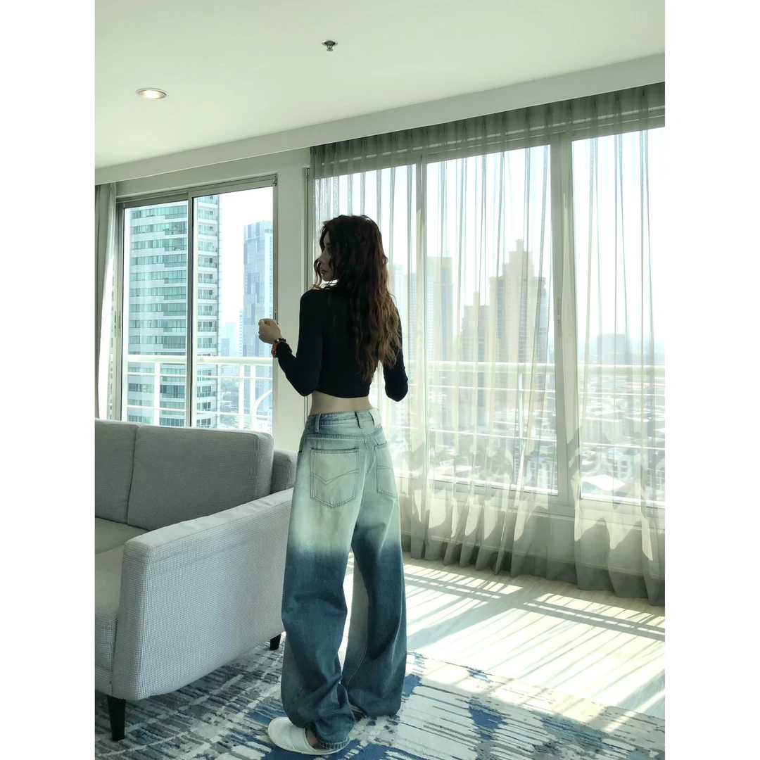 婉君【蓝色渐变裤】美式渐变蓝水洗复古高街牛仔裤LWJ25A1K094