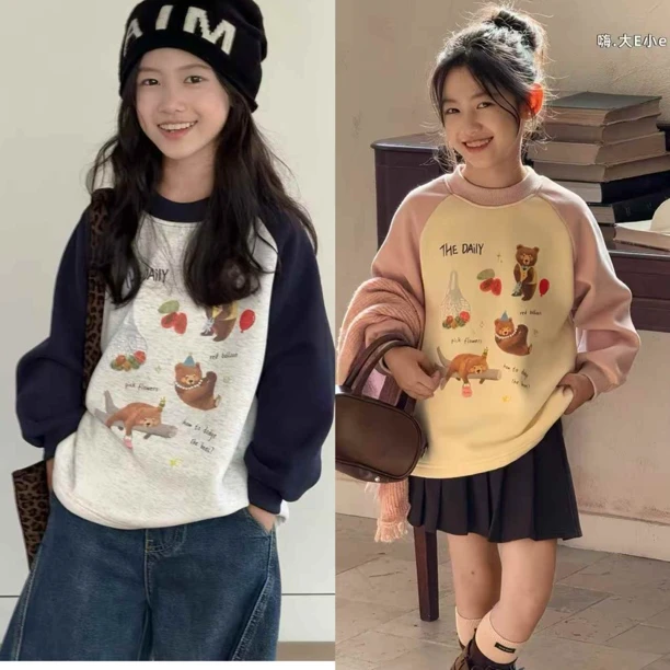 2025冬款儿童加厚一体绒小熊印花插肩袖5578卫衣T女童加绒T恤打底