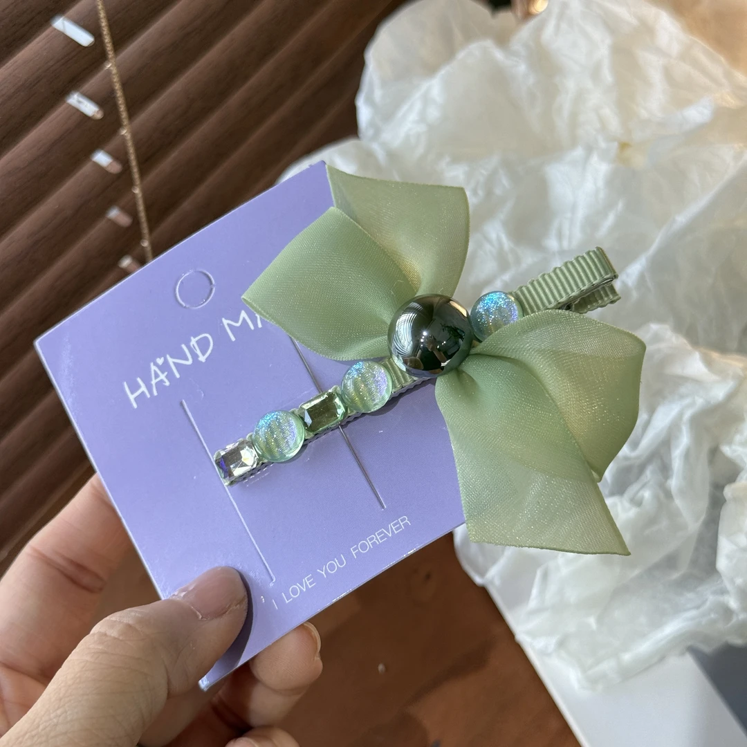 8955绿色蝴蝶结边夹发夹（手工微瑕介意勿拍）