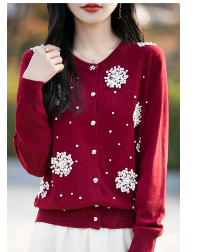 100纯羊毛圆领开衫女羊毛衫D814