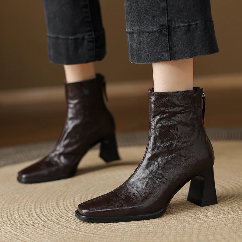 大小码可退手抓羊皮高跟切尔西冬简约通勤粗跟方头真皮短靴女