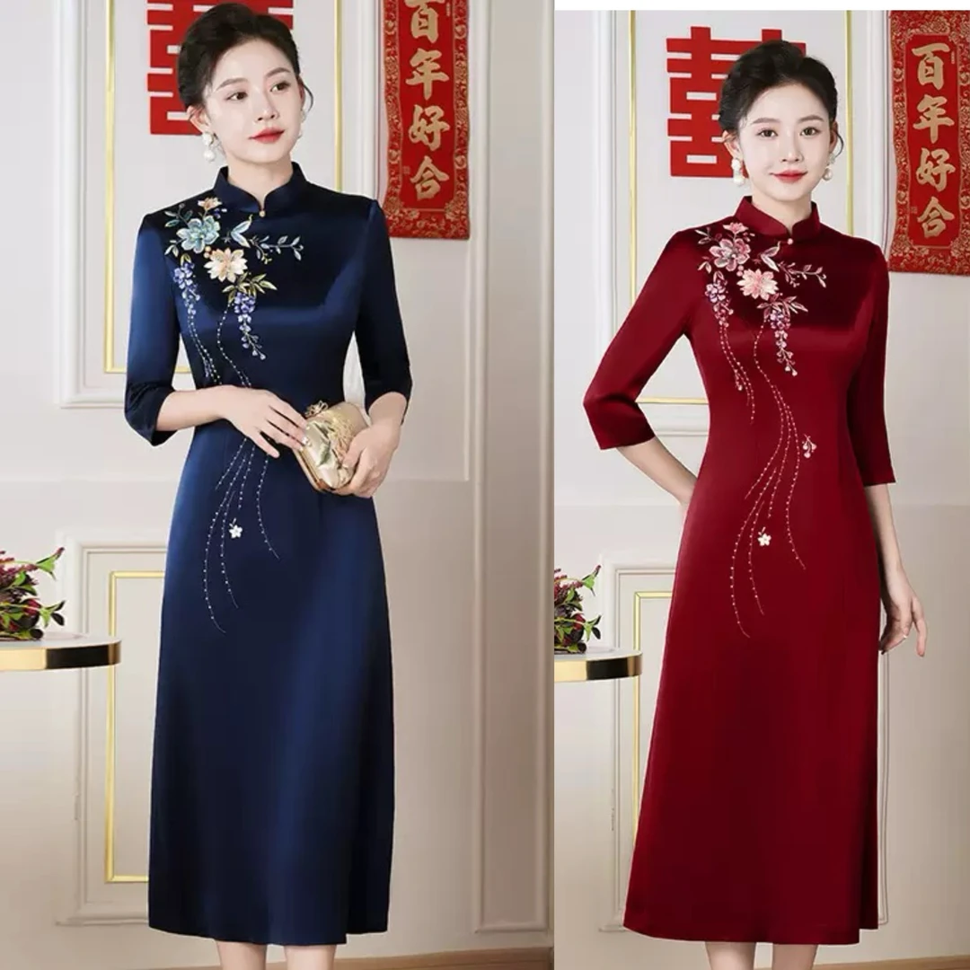 【正品苏绣】进口三醋酸改良旗袍裙喜妈妈婆婆婚宴礼服时尚气质N