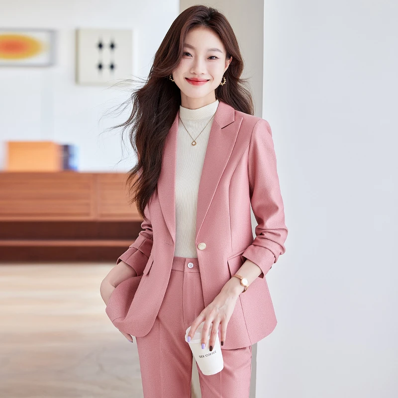 粉色西装套装女春秋2025新款气质时尚修身显瘦女神范长袖西装