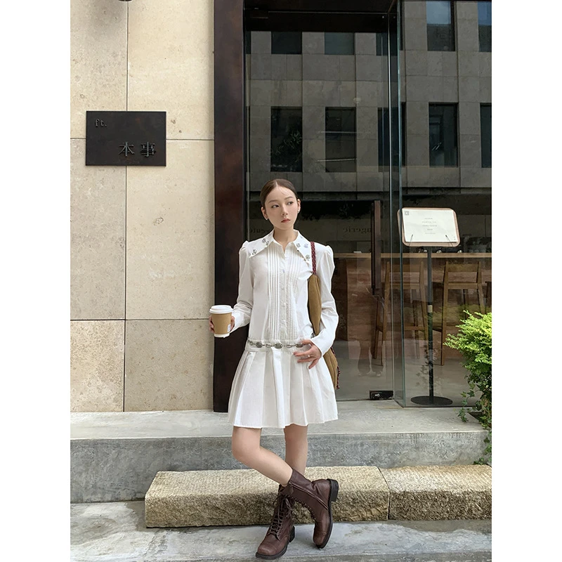 春季学院风气质减龄百褶连衣裙女衬衫裙F2026