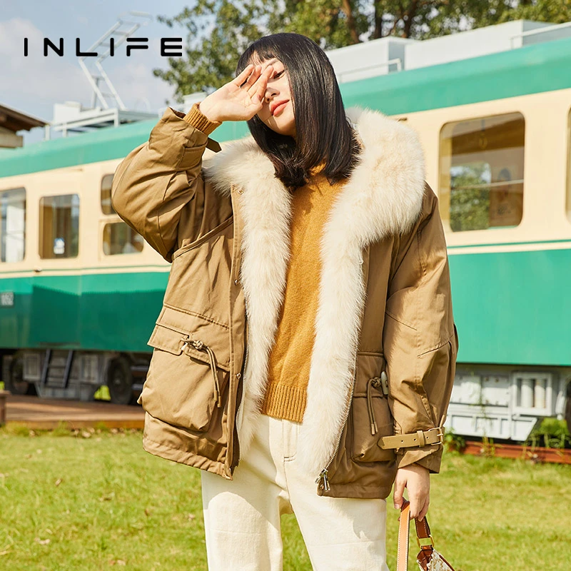inlife狐狸毛羽绒服高级感工装风外套保暖小个子派克服D21D3Y7251