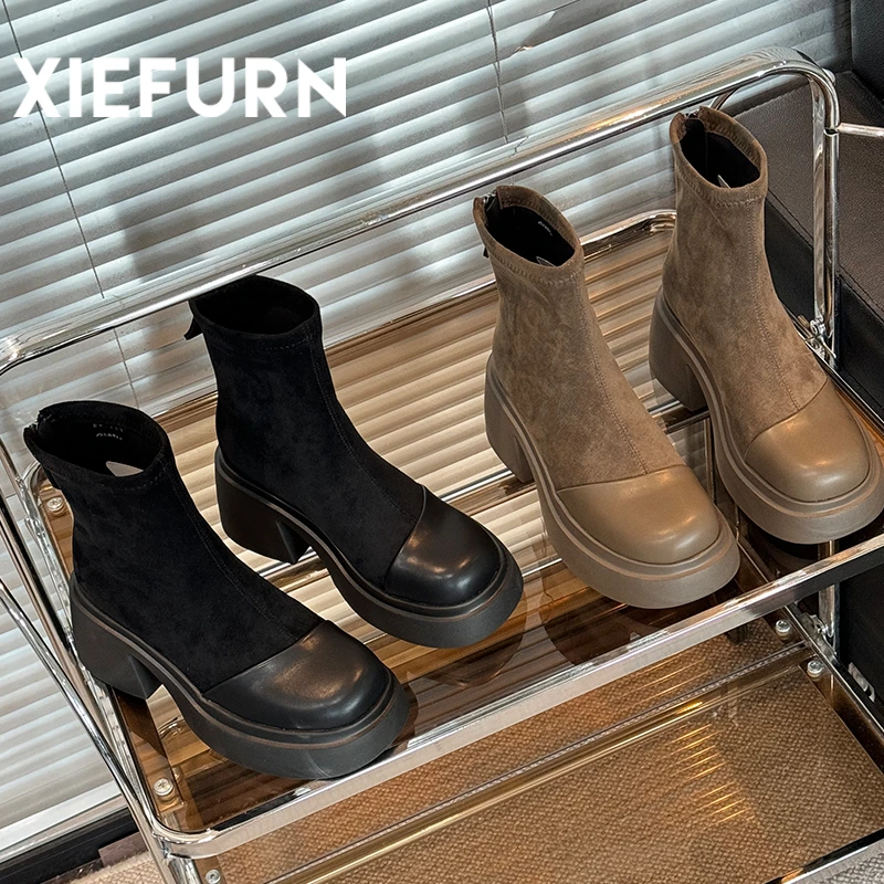 XIEFURN/鞋夫人秋季复古厚底百搭短靴女增高显瘦小个子靴子