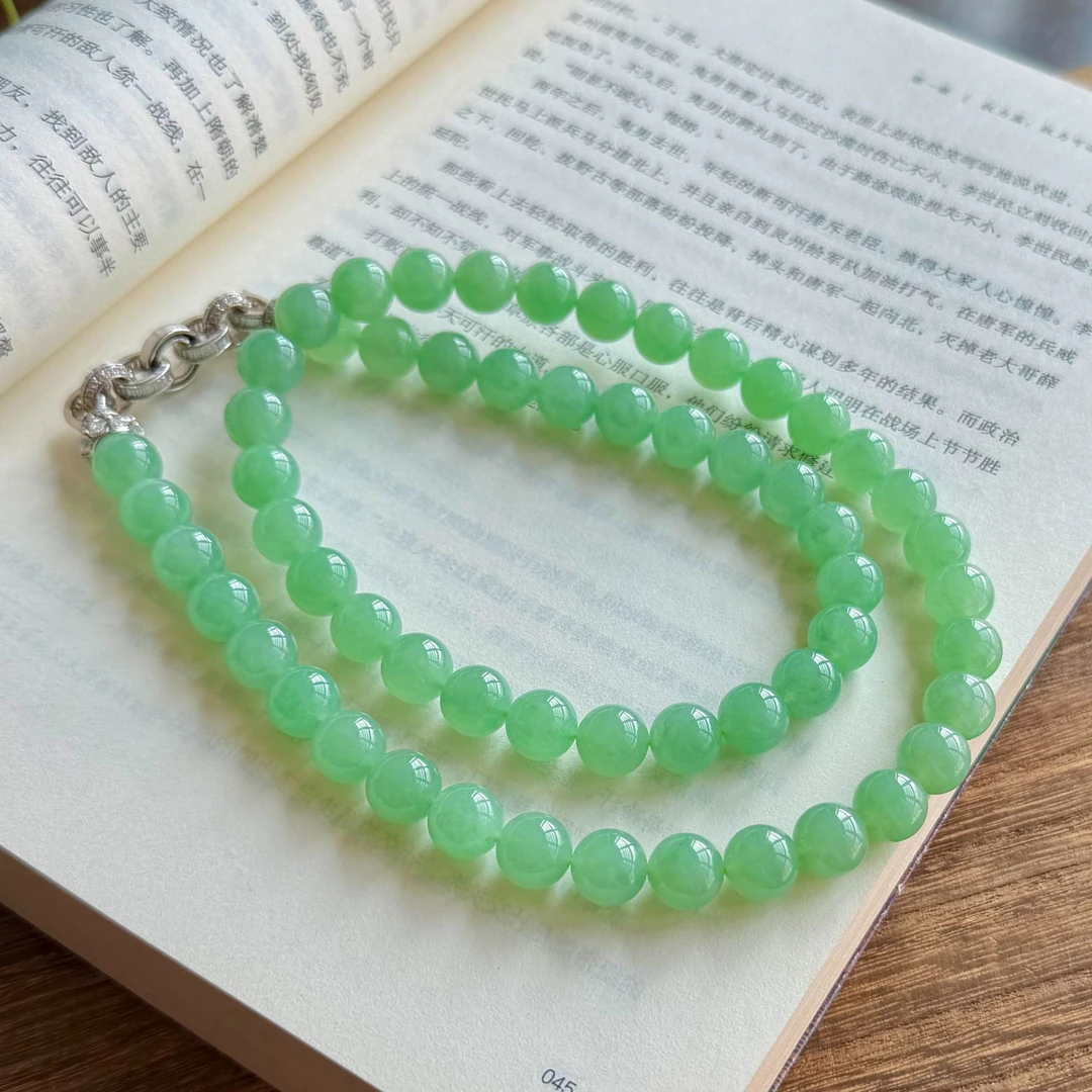 F559冰种葡萄绿圆珠项链翡翠珠串缅甸天然A货气质时尚绿色串珠
