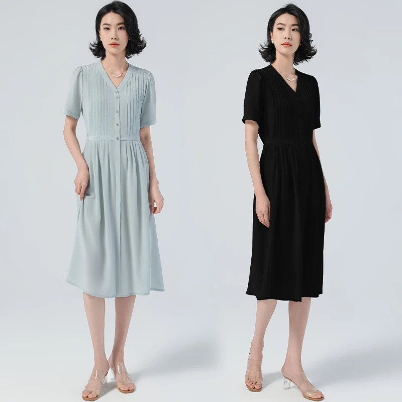 100%桑蚕丝时尚显瘦宽气质简约纯色夏季设计师连衣裙   61066