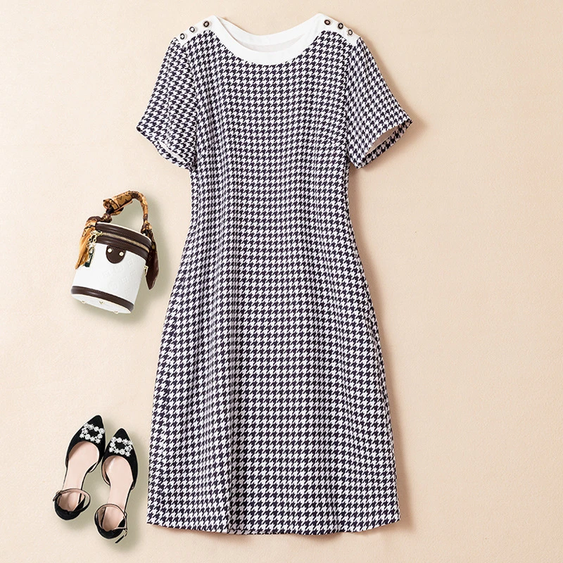 高端品质大码女装时尚气质休闲百搭千鸟格胖mm印花连衣裙