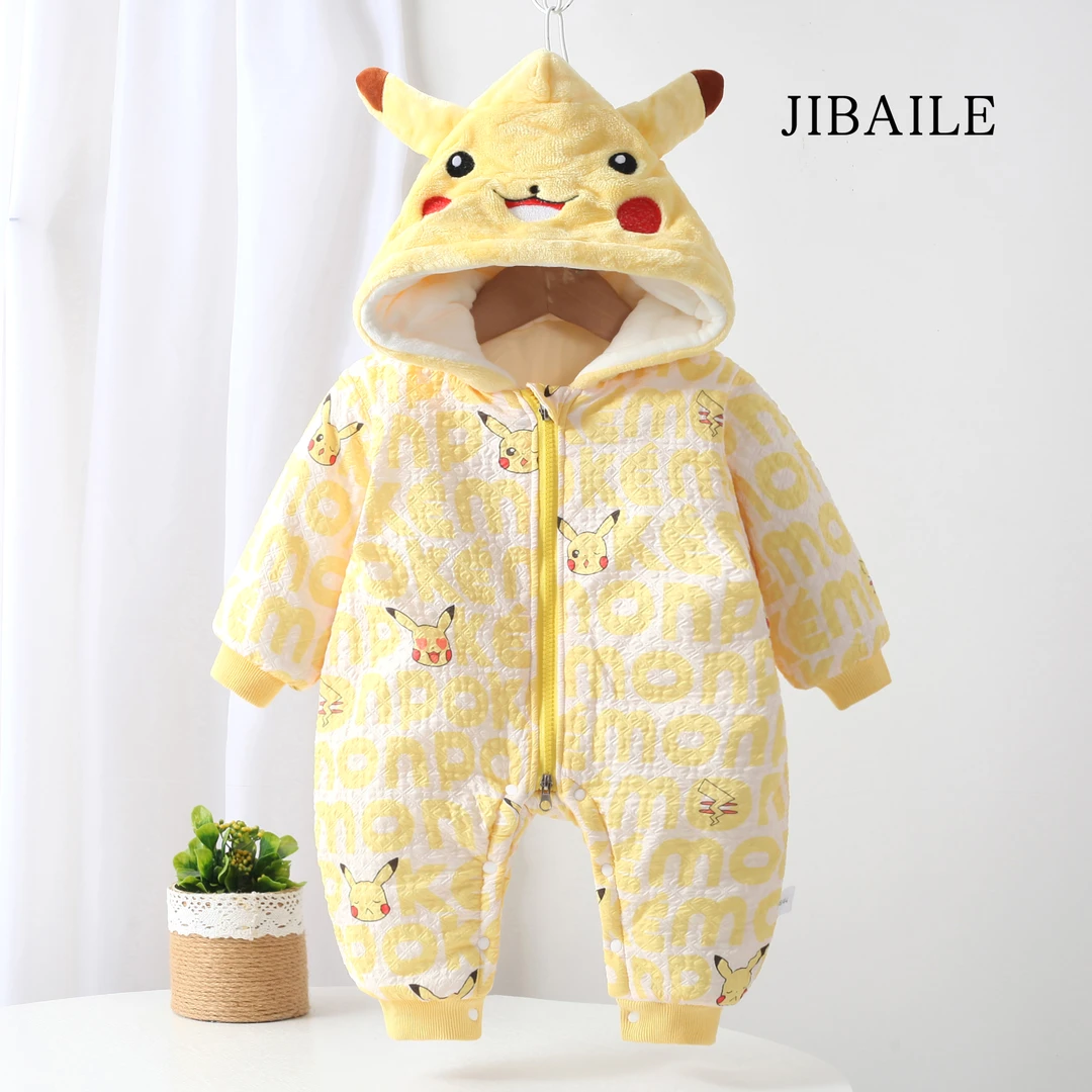 冬季卡通萌趣可爱皮卡丘厚棉哈衣男女宝宝外出服