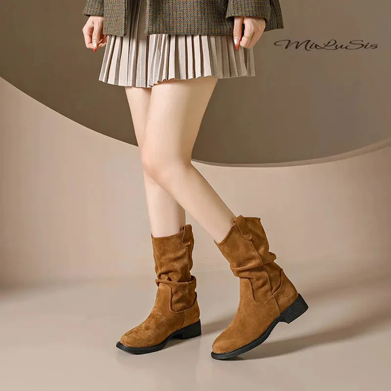 米露诗秋季新款堆堆靴中筒靴舒适百搭小众时尚女靴显瘦辣妹风短靴