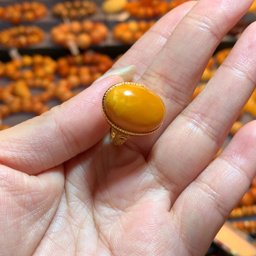 【闪购商品】银S925镀金镶嵌蜜蜡戒指蜜蜡戒指