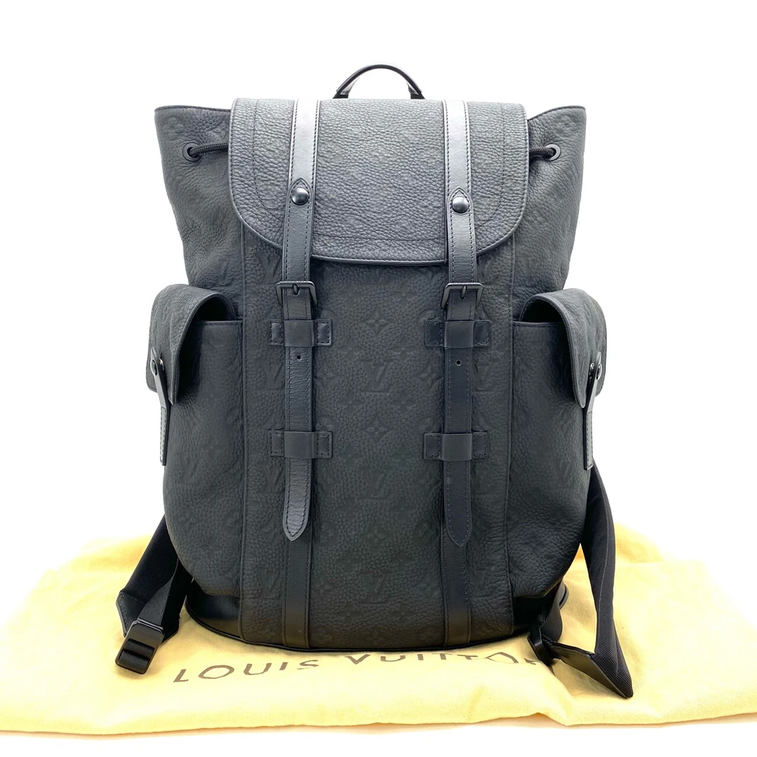 99新 LV 黑色全皮压花Christopher双肩包 尺寸38/44 芯片款 休闲