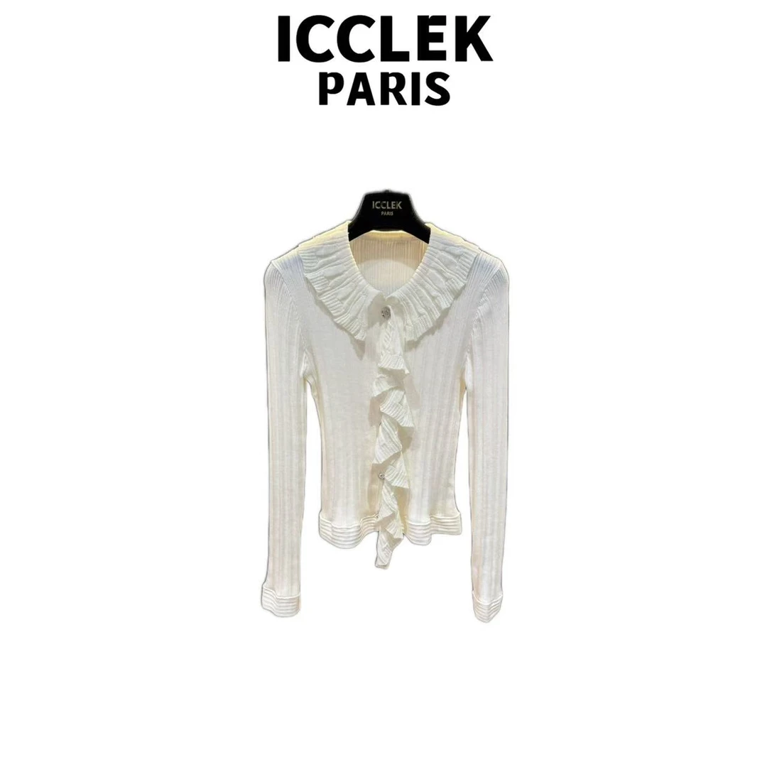 ICCLEK 早秋白色荷叶边针织衫百搭时尚减龄修身显瘦打底 - 9080