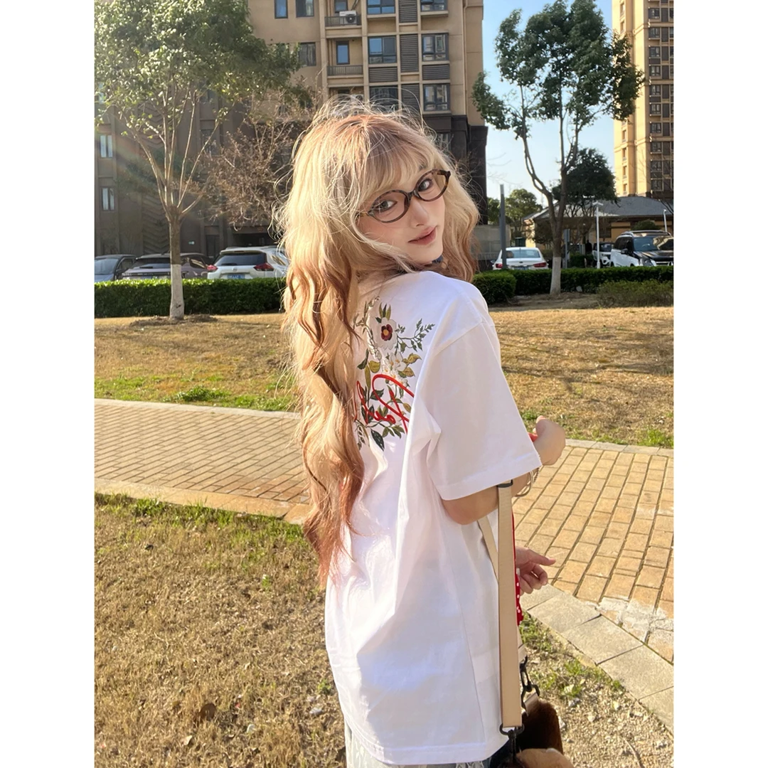 美式国潮字母花卉刺绣短袖t恤男女纯棉宽松复古高级感情侣款上衣