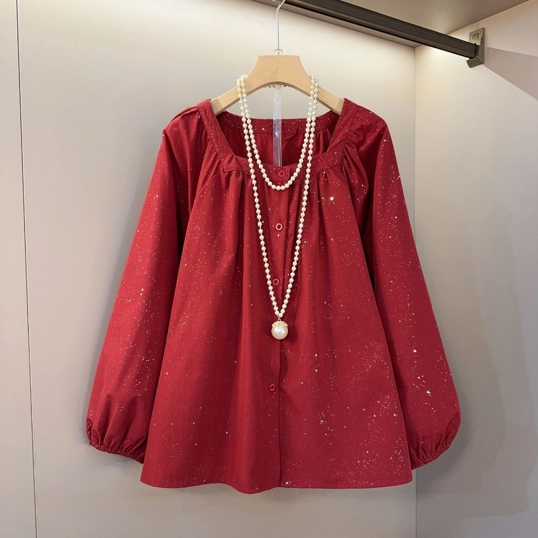 新款大码女装甜美风方领设计感长袖洋气减龄显瘦款上衣衣长65左右