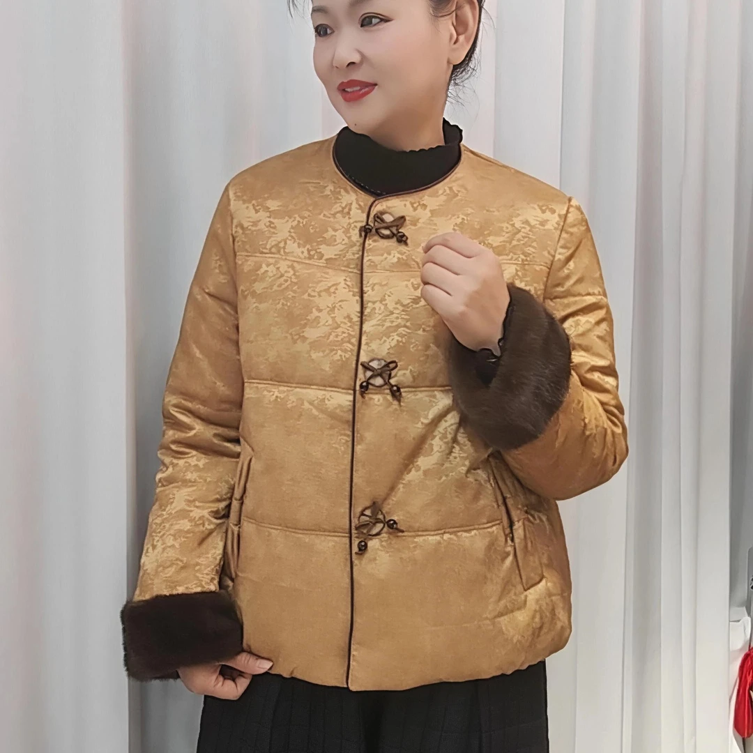 (郑州银基)新中式国风短款圆领妈棉服冬季加厚保暖外套