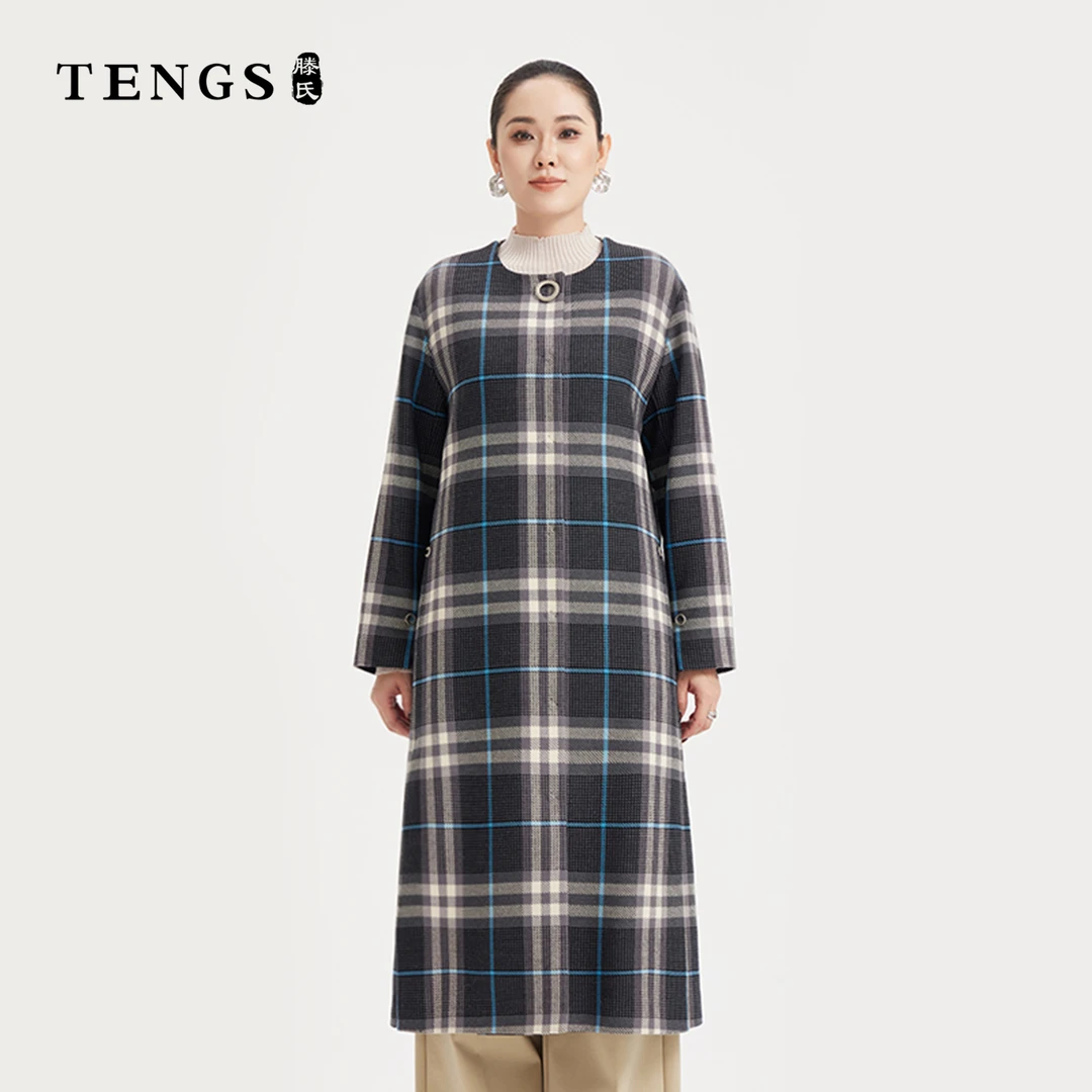TENGS滕氏女装秋冬款时尚通勤格纹休闲毛呢大衣