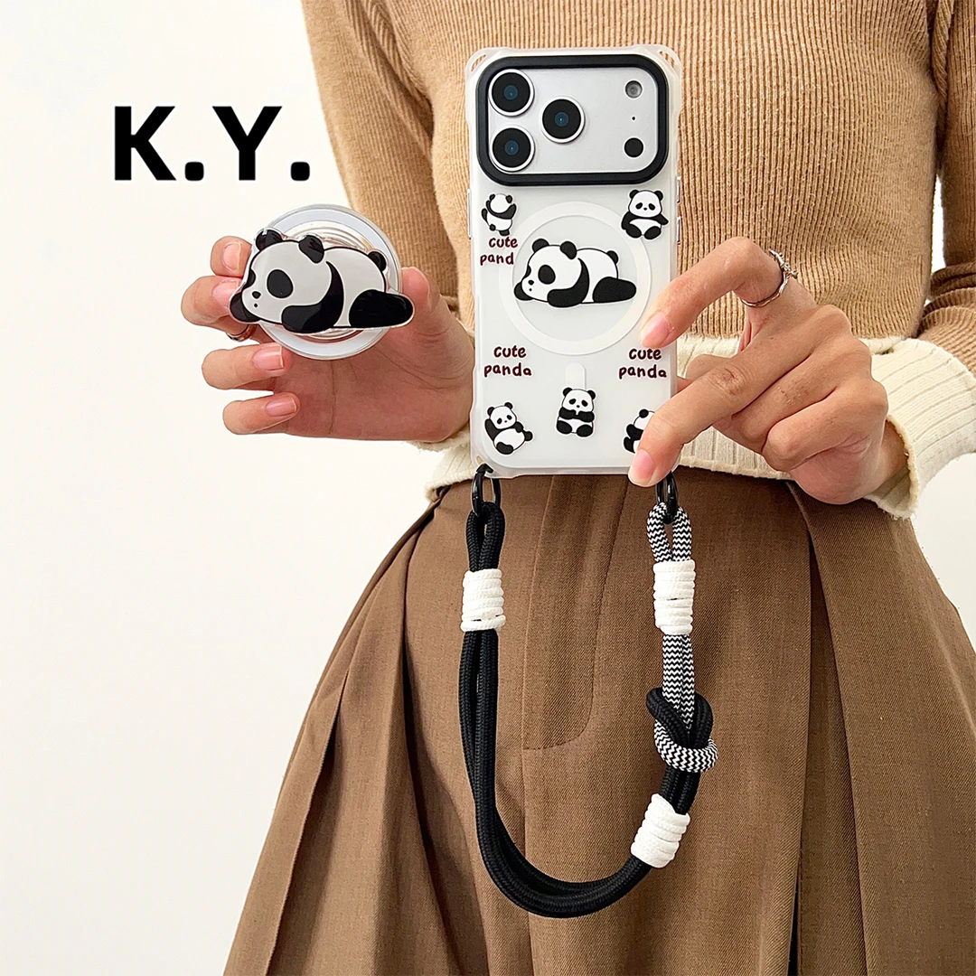 趴趴熊猫适用于苹果17pro支架磁吸手机壳挂绳华为mate80防摔硬壳