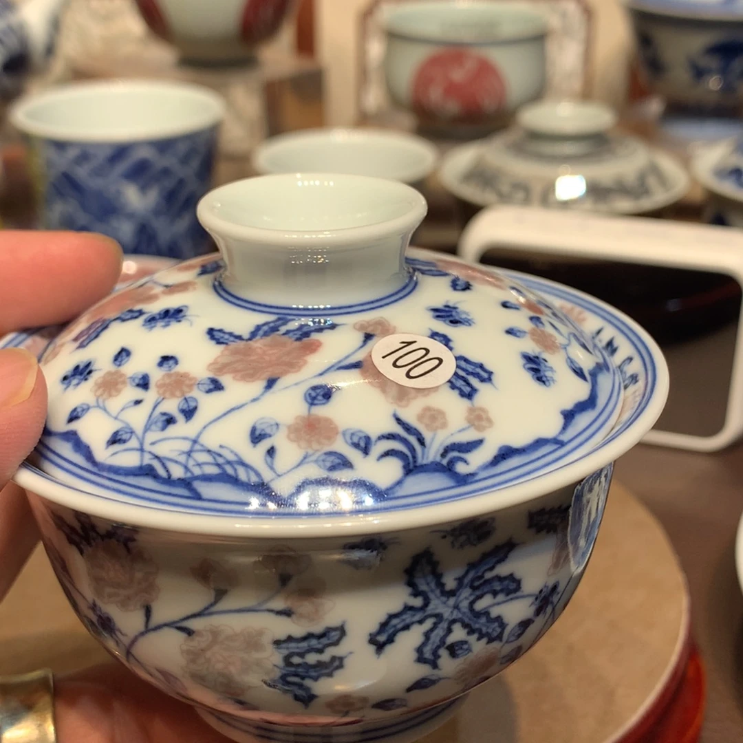 隆***饭100青花釉里红盖碗微瑕sl104