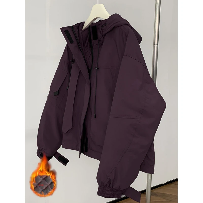 欧货大码夹棉连帽风衣加厚外套女时尚百搭新款收腰工装保暖棒球服