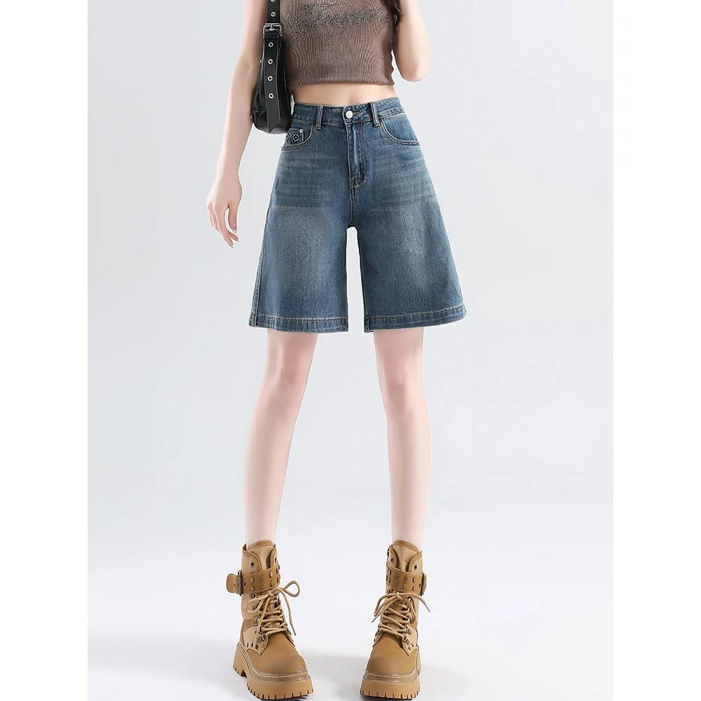 蓝色五分牛仔短裤女夏薄款2025新款小个子美式复古休闲宽松阔腿裤