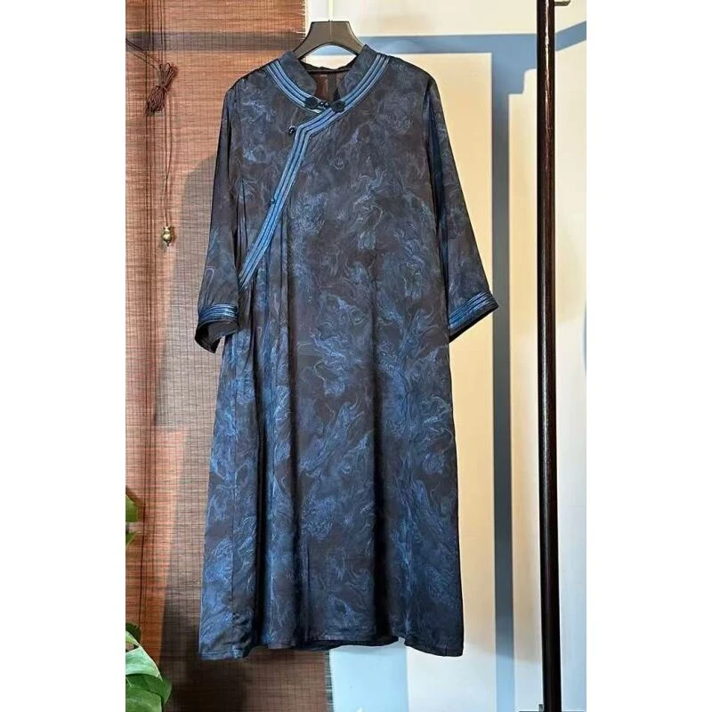 新款云墨染花萝国风旗袍连衣裙