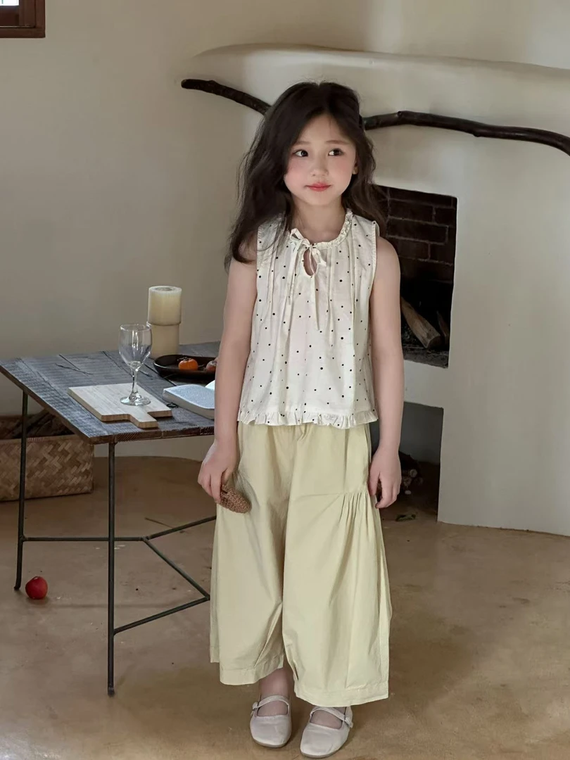 现货！女童波点娃娃衫25夏季新款宽松阔腿裤百搭小清新减龄套装