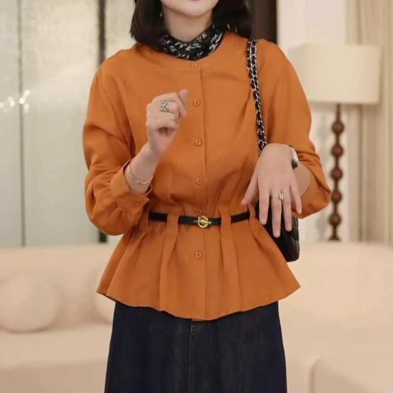 复古时髦减龄圆领收腰长袖衬衫春秋季新款女装超好看独特漂亮衬衣