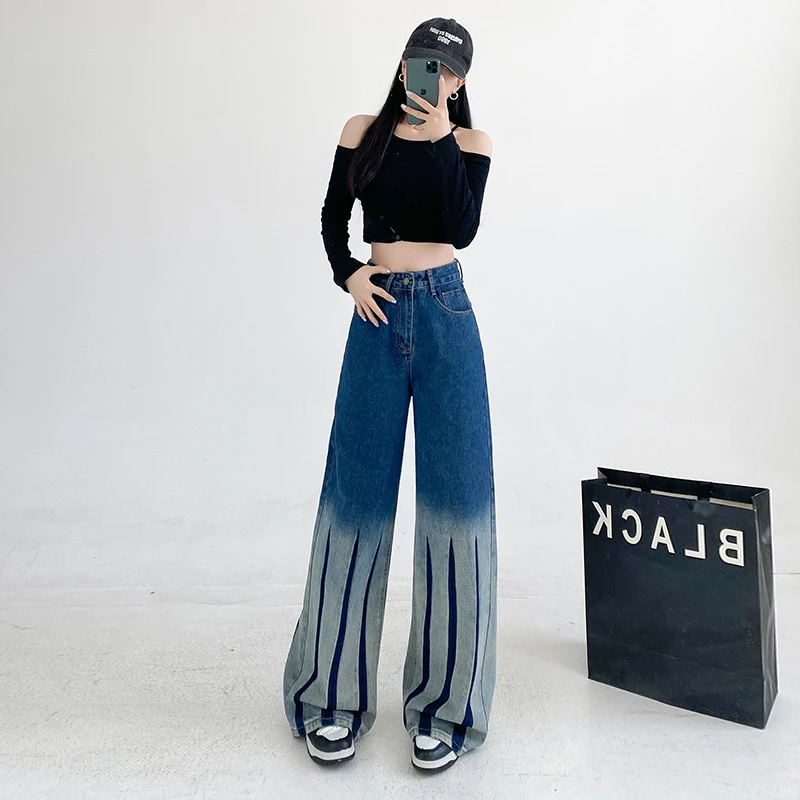 扎染渐变色街头辣妹阔腿牛仔裤女2025年春季设计感宽松直筒拖地裤