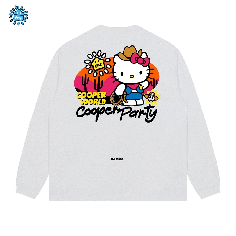 FNIcooper（牛仔凯蒂猫）趣味卡通重磅纯棉长袖男女情侣T秋宽松发泡