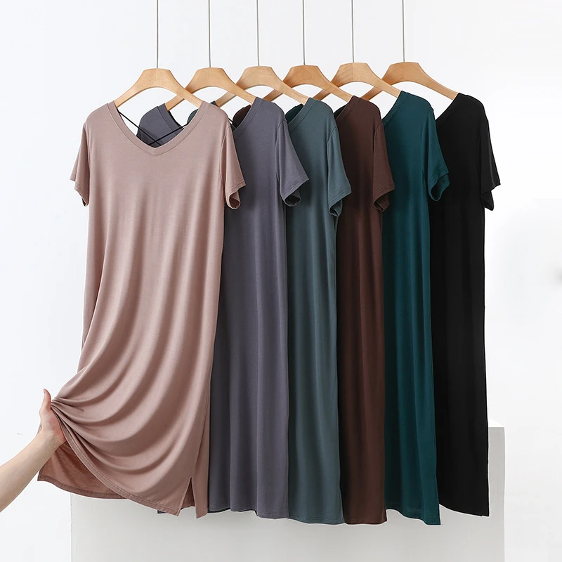 莫代尔V领短袖居家睡裙女夏季薄款过膝长裙可外穿休闲大码连衣裙