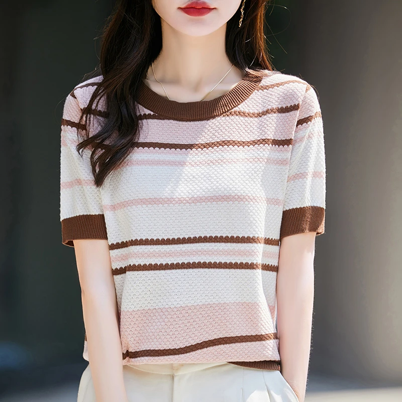 品牌夏季针织衫百搭条纹针织T恤洋气女时尚显瘦宽松套头
