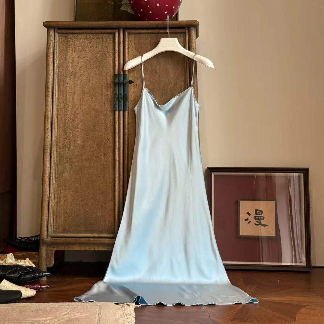 MYL 2025夏季新品40姆米真丝粉色吊带裙无袖纯色气质长款连衣裙