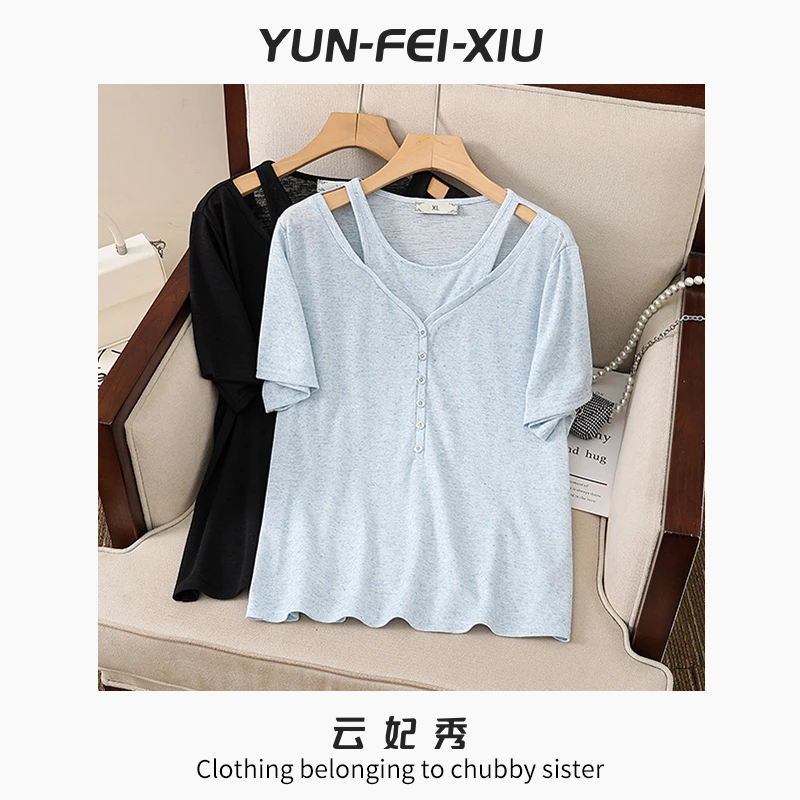 云妃秀大码女装T恤时尚韩版减龄假两件微胖显瘦短袖上衣夏季新005